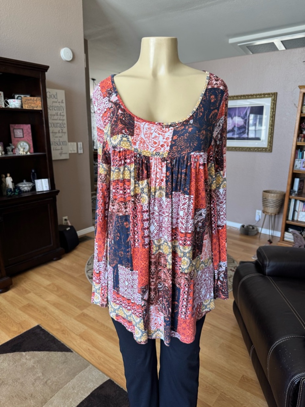 Boutique boho patchwork long sleeve scoop neck blouse-size L - Picture 4 of 9